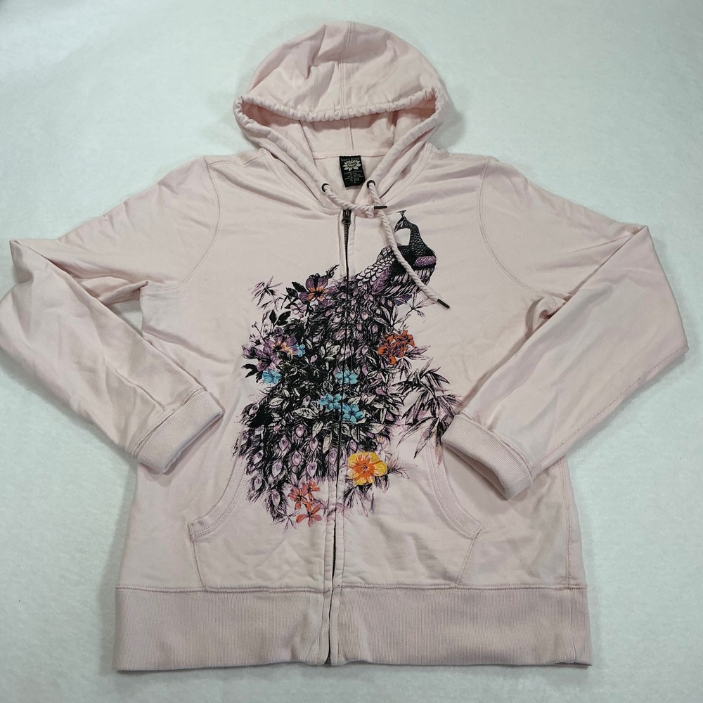 Lucky Brand Pink Peacock Floral Full Zip Hoodie Sweatshirt Womens Large
